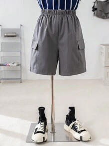 SHEIN Teenager Jungen Lässig College Pendler Tooling Stil weiß Cargo gewebte Shorts mit Taschen, Frühling/Sommer