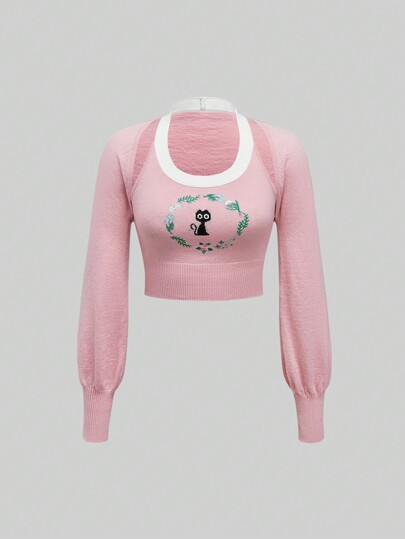 Sweetness Set de 2 piezas Chaleco de punto sin mangas con bordado de gato dulce para mujer