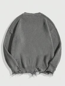 ROMWE MEN Goth 男士末日破旧印花套头针织毛衣，适合秋冬穿着 - 灰色 - 查看 2