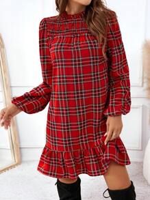 SHEIN LUNE 女士休闲格子圣诞长袖连衣裙，适合秋冬季 - 紅色 - 查看 3