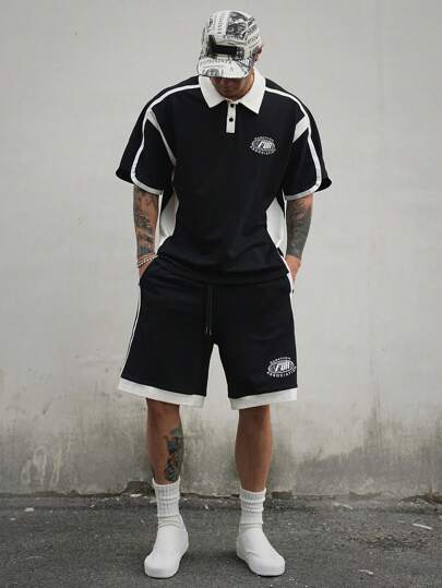 DAZY 男士字母印花拼色短袖 Polo 衫和短裤套装，夏季舒适服装