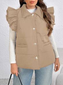 SHEIN LUNE Plus Size Women's Solid Color Single Breasted Short Cap Sleeve Casual Winter Clothes Jacket Fall Autumn - Khaki - View 4