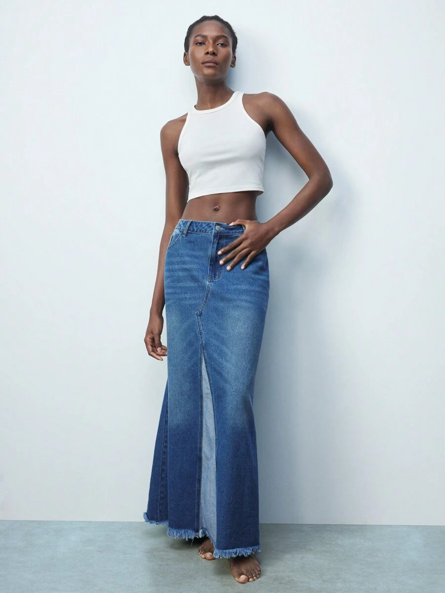 Maija 蓝色纽扣前口袋纯色春夏休闲牛仔裙西装女装 - 藍色 - 查看 1