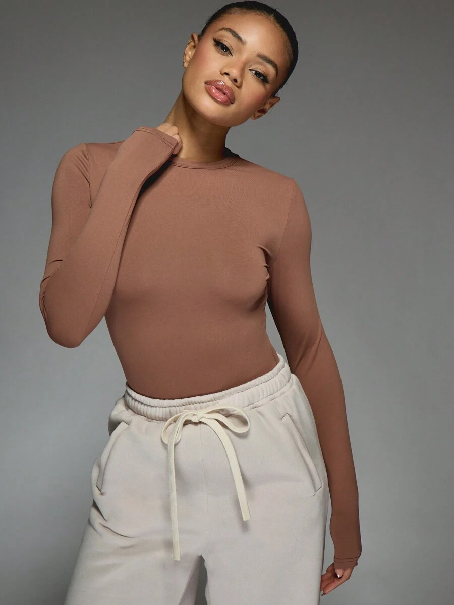 MISSGUIDED Long Sleeve Bodysuit Seamless Form Fitting Autumn Winter Base Layer Crew Neck Elegant Office Wear Basic Foundation Piece Daily Essential Layering Top - Coffee Brown - View 1