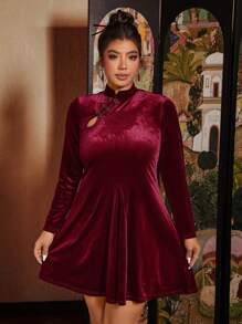 SHEIN VCAY 大码新款中式纽扣修身连衣裙情人节服装浪漫 - 酒紅色 - 查看 7
