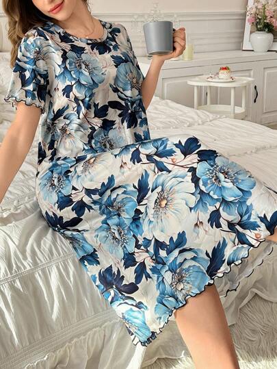 Floral Print Short Sleeve Women Long Sleep Dress Perfect Summer, Moo Moo