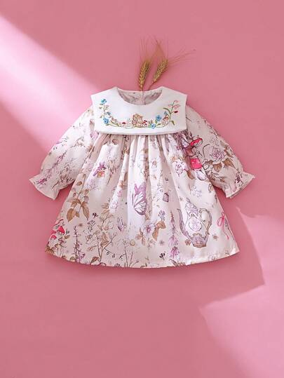 SHEIN 新生儿花卉印花荷叶边圆领长袖可爱连衣裙