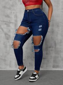 Quần jean rách co giãn màu xanh denim cỡ lớn cho nữ - Màu xanh lam - Xem 4