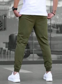 Manfinity Homme Quần thể thao Nam Dây kéo Đắp vá Túi màu trơn - xanh quân đội - Xem 4
