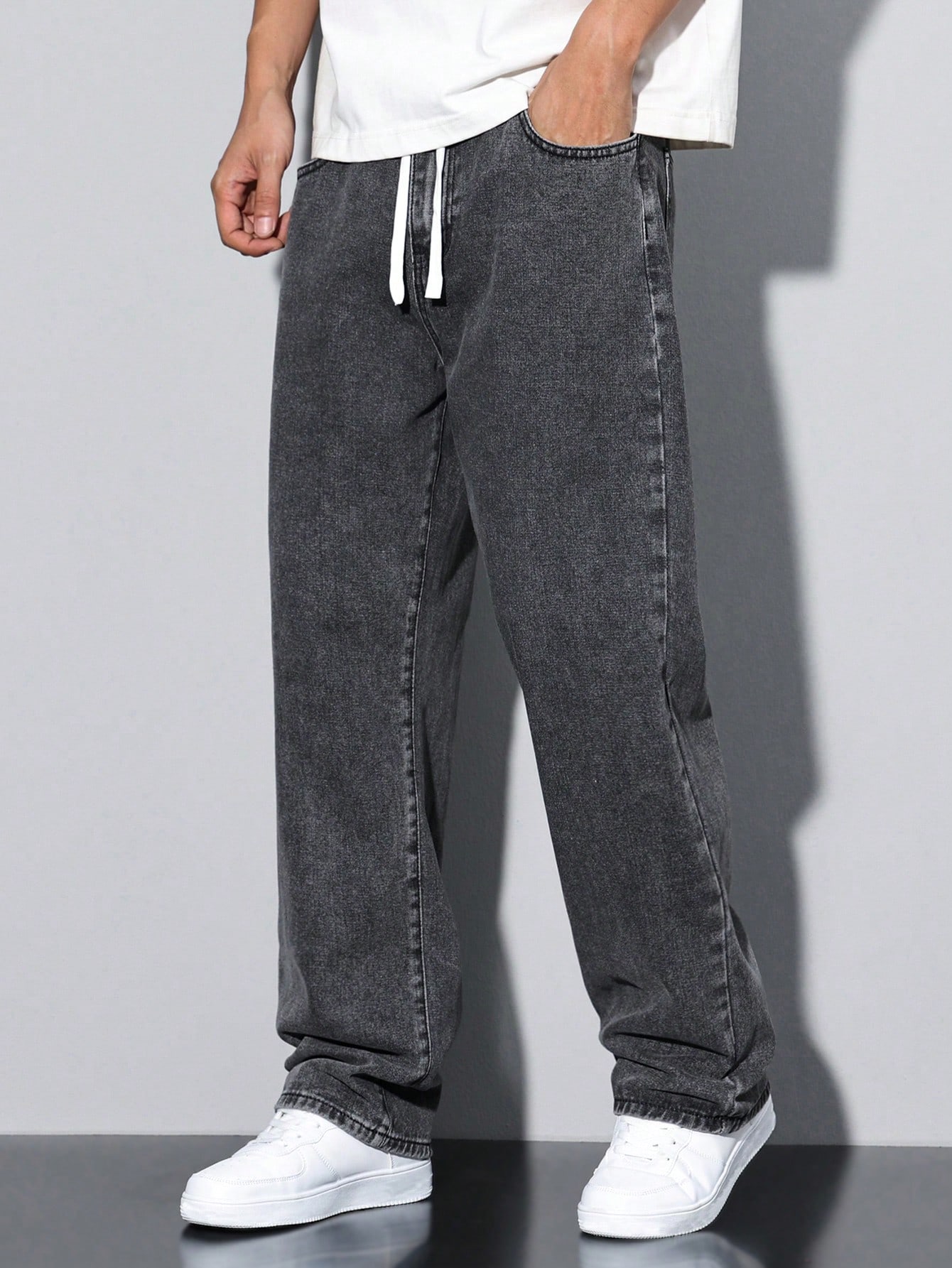 بنطلون جينز رجالي فضفاض بخصر مشدود وساق واسعة