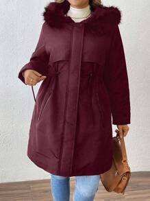 SHEIN LUNE Jaket Puffer Kasual Berkerudung dengan Saku, Warna Polos, Ukuran Besar, Lengan Panjang, Resleting Depan, Pakaian Musim Dingin - Burgundy - View 3
