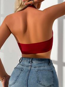 Seduluxe Áo ngực ren vá lãng mạn đóng phía trước tối giản dành cho nữ, mặc thường ngày - Màu Đỏ Sâu - Xem 2