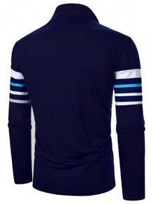 Calvornis 男士休闲半拉链高领高尔夫 Polo 衫，前胸定位条纹和色块设计，海军蓝，四分之一拉链，秋冬男士 - 藏蓝色 - 查看 3