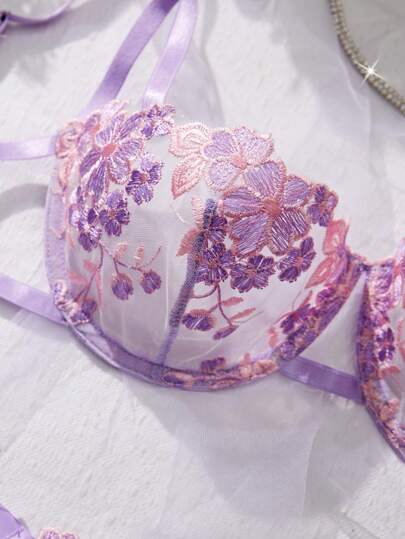 Women Sky Blauw Geborduurde Kanten Strap Underwear Lingerie BH Slipje Set view 3