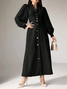 Heiryn Đầm dài tay không cổ màu trơn đơn giản cho nữ không cài nút - màu đen - Xem 6