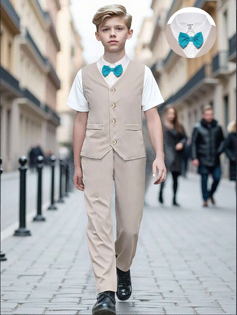 SHEIN Conjunto de Terno Cavalheiro de 3 Peças para Meninos Pré-Adolescentes, Composto por Camisa de Manga Curta de Cor Sólida com Corte Simples, Colete em V e Calças