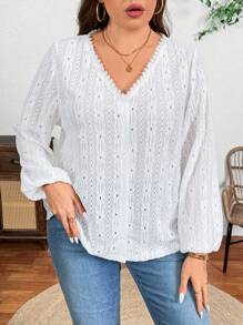 SHEIN LUNE 女士加大码 V 领蕾丝镂空纹理休闲衬衫