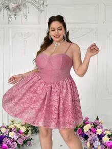 Lyrianda Plus Size Women Vintage French Peplum Princess Dress, Cinched Waist Spaghetti Strap Romantic Cute Party Mini Dress With Valentines, Rose, Heart, Polka Dot, Love, Lip, Cupid, 260D Flower Print