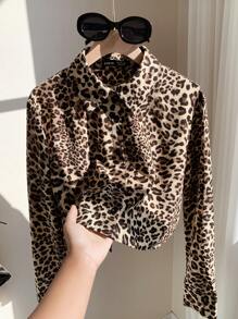 Comfortcana Leopard Print Back Bowknot Cropped Long Sleeve Blouse - Brown - View 5