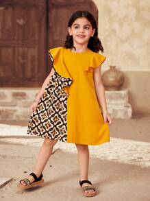 SHEIN Vestido ajustado para niña con estampado geométrico tejido y volantes en el bajo - Amarillo - Ver 6