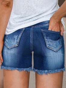 Casual Washed Distressed Frayed Hem Denim Shorts - Dark Wash - View 2