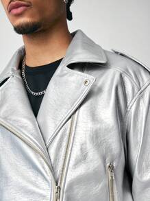 ROMWE MEN Street Life Men's Silver Fabric Casual Simple Leather Jacket With Front Buttons, Suitable For Autumn/Winter - Silver - View 5