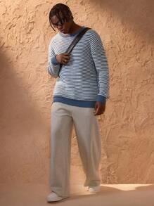 Forever 21 Striped Pattern Drop Shoulder Sweater,Fall Tops,Fall Men Clothes - Blue - View 4