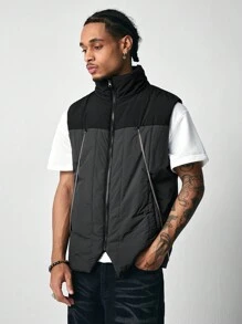 ROMWE MEN Street Life Men's Casual Contrast Color Patchwork Vest, Autumn/Winter - Black - View 6