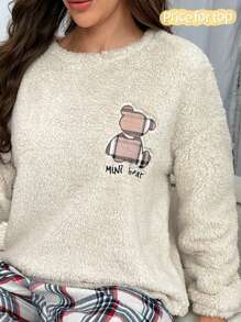 Cartoon Bear Embroidery Drop Shoulder Flannel Fluffy Sleep Top, Winter, Cozy - Apricot - View 1