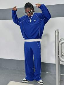 Manfinity VCAY Men's Loose Fit Crew Neck Long Sleeve Knit Sweatshirt Set, For Fall Winter - Blue - View 4