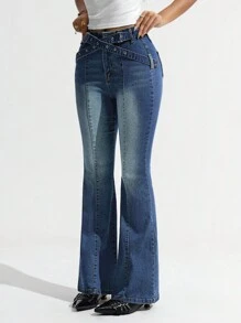 SHEIN ICON Women's Bell-Bottom Casual Denim Jeans With Corn Wen Design Button Skinny Flared Jeans