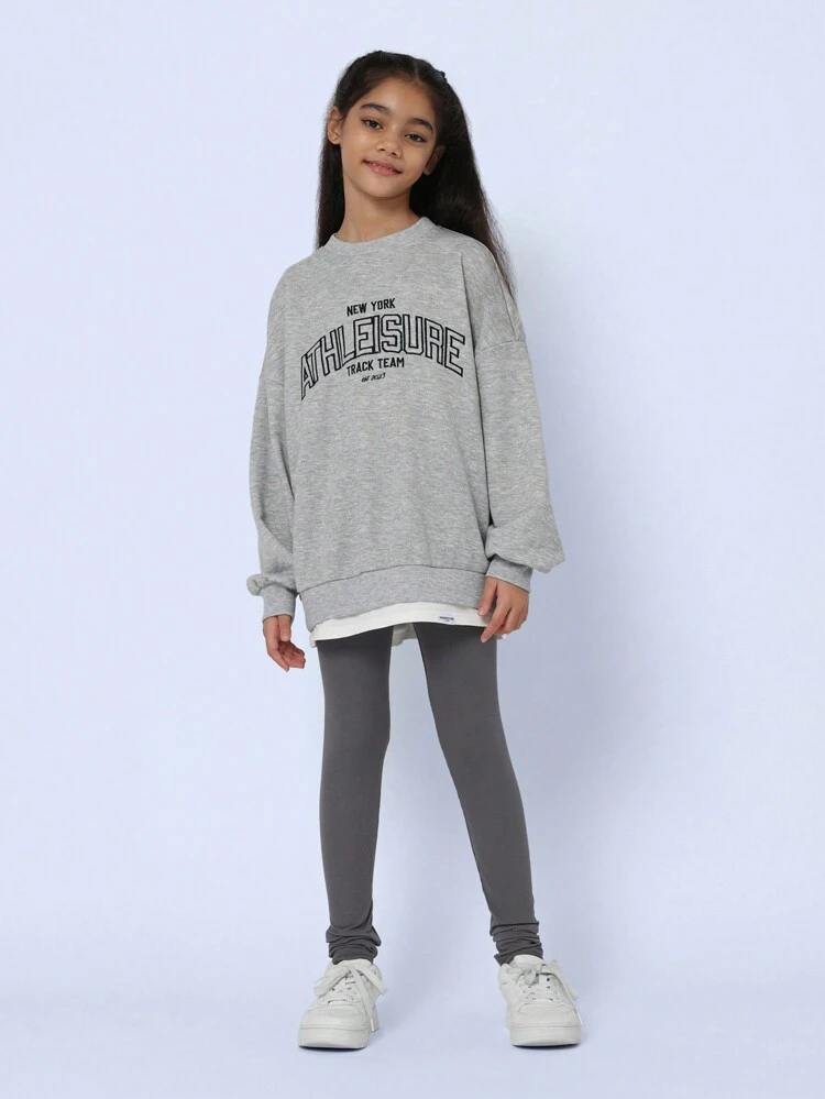 ティーン女の子 ラフィーグレー オーバーサイズフィットスウェットシャツ 刺繍パターン リブレギンス 2点セット