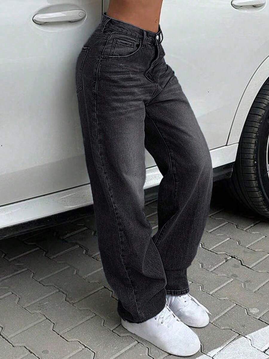 Women's Vintage Loose Stacked Straight Leg Jeans - Dark Grey - View 1