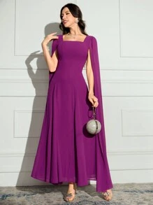 Modelyn 女士纯色方领长袖简约休闲长裙长款晚礼服 - 中紫紅色 - 查看 3