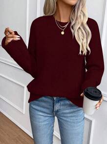 Chiquease Women's Solid Color Round Neck Long Sleeve Loose Casual Sweater, Autumn/Winter Knit Pullover Fall Sweater - Burgundy - View 4