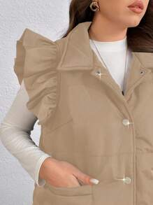 SHEIN LUNE Plus Size Women's Solid Color Single Breasted Short Cap Sleeve Casual Winter Clothes Jacket Fall Autumn - Khaki - View 3