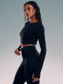 Musera Sport 长袖交叉后背拇指孔上衣 健身房健身 - 黑色 - 查看 2