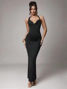 Silquee Women's Elegant Black Summer Party Dress,Stretchy Knit Sleeveless Draped Neck Fitted Long Dress With Metal Floral Decor,Formal Wedding Cocktail Gown - Black - View 5