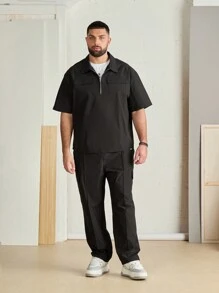 Manfinity VCAY Plus Size Men's Woven Short Sleeve Shirt And Long Pants Set - Black - View 1