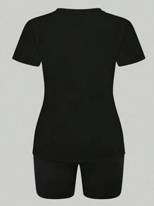 Maweii 2pcs/Set Crown Queen Letter Print Casual Set - Black - View 2