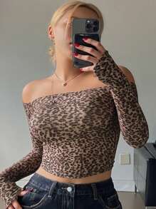 Dazy Petite Plus Plus Size Leopard Print Off Shoulder Fitted Long Sleeve T-Shirt, Sexy, Brown, Spring/Summer Cheetah Print Going Out Tops Women - Brown - View 1