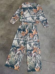 Women's Casual Sports Street-Style Camouflage Tree Branch Print Long Sleeve 2 Pieces Set, Autumn/Winter - Multicolor - View 2