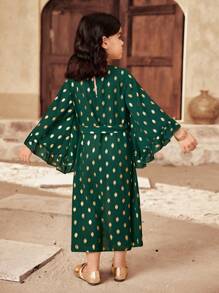 SHEIN Young Girl Color Block V-Neck Fitted Woven Dress - Green - View 2