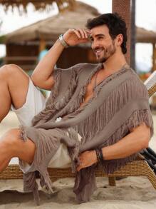 Manfinity RSRT Men's Solid Color Cardigan With Long Sleeves & Tassels, Minimalist Style, Casual For Everyday Wear - Coffee Brown - View 7