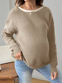 SHEIN Pregnant Women Plain Color Patchwork Long Sleeve Casual Sweater With Bowknot Decor