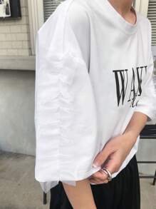 FRIFUL 女士白色宽松字母印花网眼拼布圆领短袖 T 恤，夏季