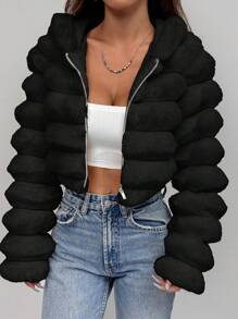 SHEIN EZwear Áo khoác lông ngắn có mũ trùm đầu dài tay màu trơn dành cho nữ mùa đông - màu đen - Xem 5