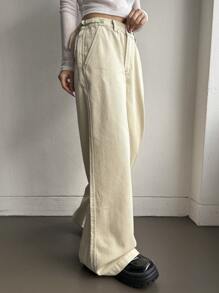 DAZY Pantaloni larghi in vita alta di colore tinta unita con tasche frontali con bottone per le donne