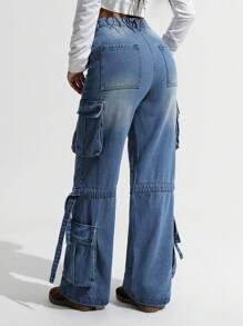 SHEIN ICON Y2K Streetwear Stylish Multi-Pocket Loose Cargo Jeans, Washed Denim Design, Flare Leg, Low Waist, All Season