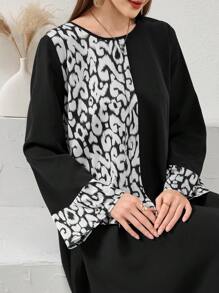 Al Najma 女士休闲优雅豹纹拼布圆领宽松连衣裙，秋季 - 彩色 - 查看 3